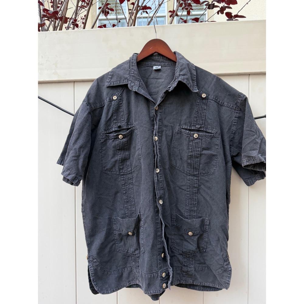 Vintage Black Guayabera Shirt Mens Large Short Sleeve 4 Pocket Cotton Cuban‎ Top